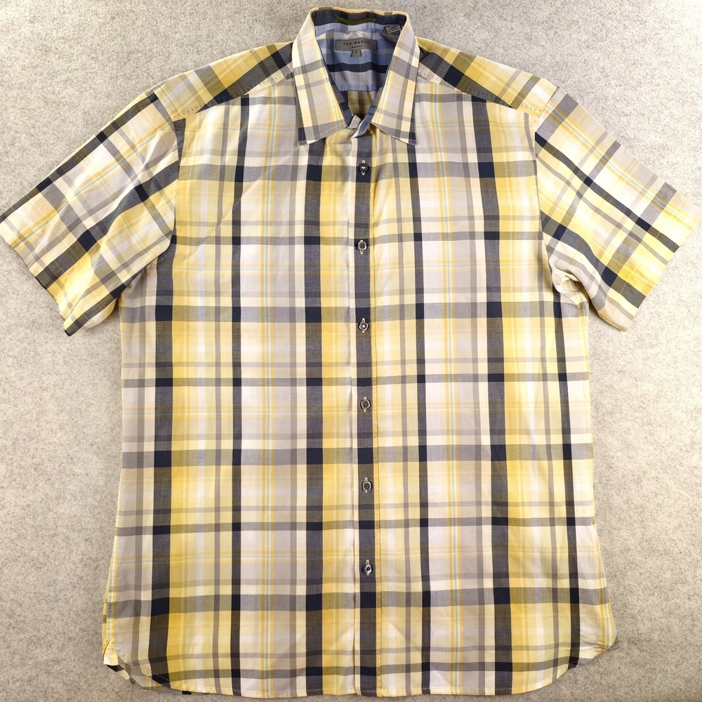 Ted Baker Shirt Size 4 Yellow Plaid Short Sleeve Button Up Cotton Casual‎